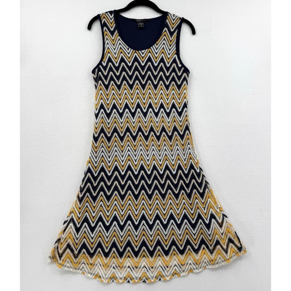 Robert Louis Chevron Crochet Midi Dress M Navy Mustard Sleeveless Lined Boho
